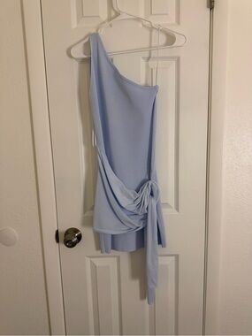 Wild Fable One-Shoulder Light Blue Tie-Waist Mini Dress